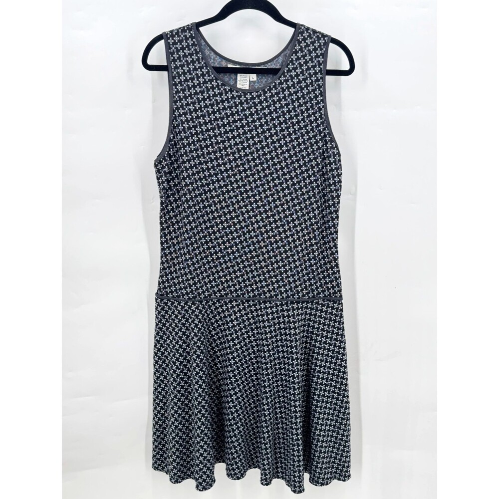 Max Studio Dress Women L Black White Geometric Print Drop Waist Fit Flare Midi